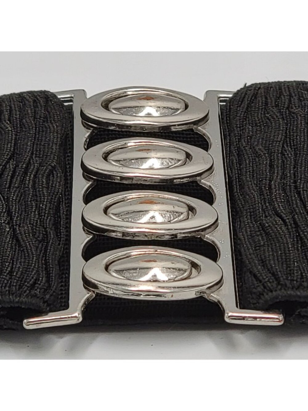 VTG Black Wide Stretch Belt With Silver-Tone Oval Buckle Closure 3.5 Inches Wide - Picture 2 of 13